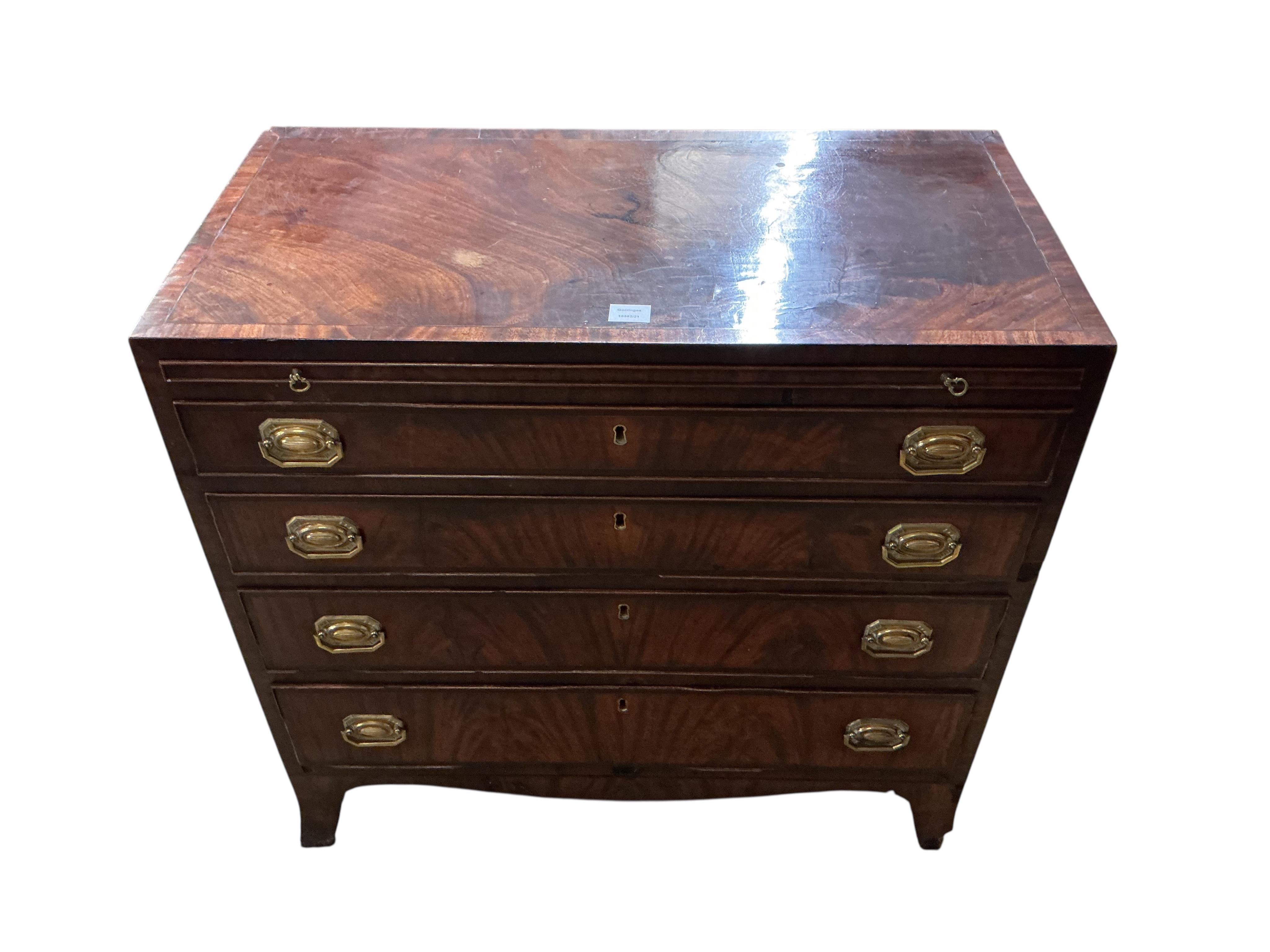 A Regency mahogany straight front chest, fitted four long graduated drawers, under a brushing slide, width 92cm, depth 47cm, height 88cm